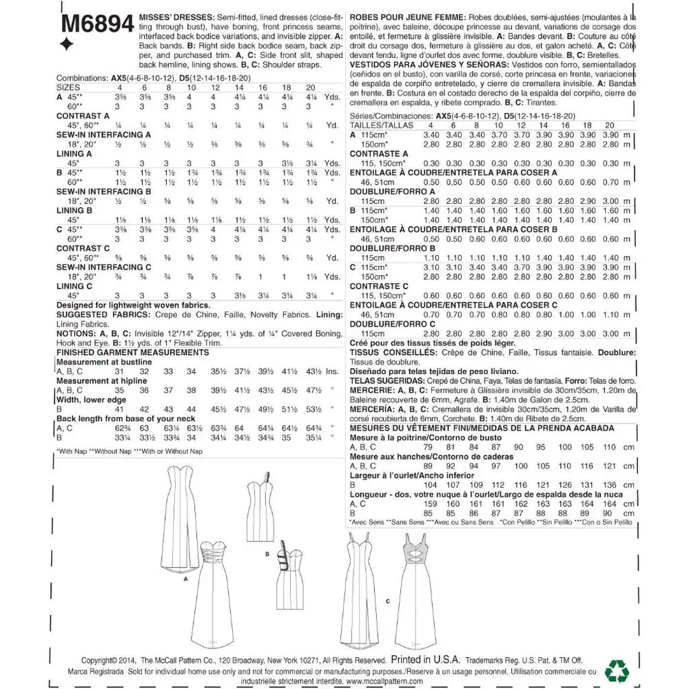 McCalls Sewing Pattern‎ M6894 Dress Gown Cocktail Miss Size 4-12